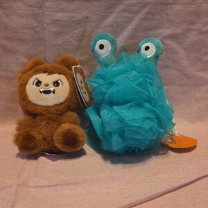 Plush Monster Bath Loofah Toy - Teal and Brown Plush Bear LaBabies